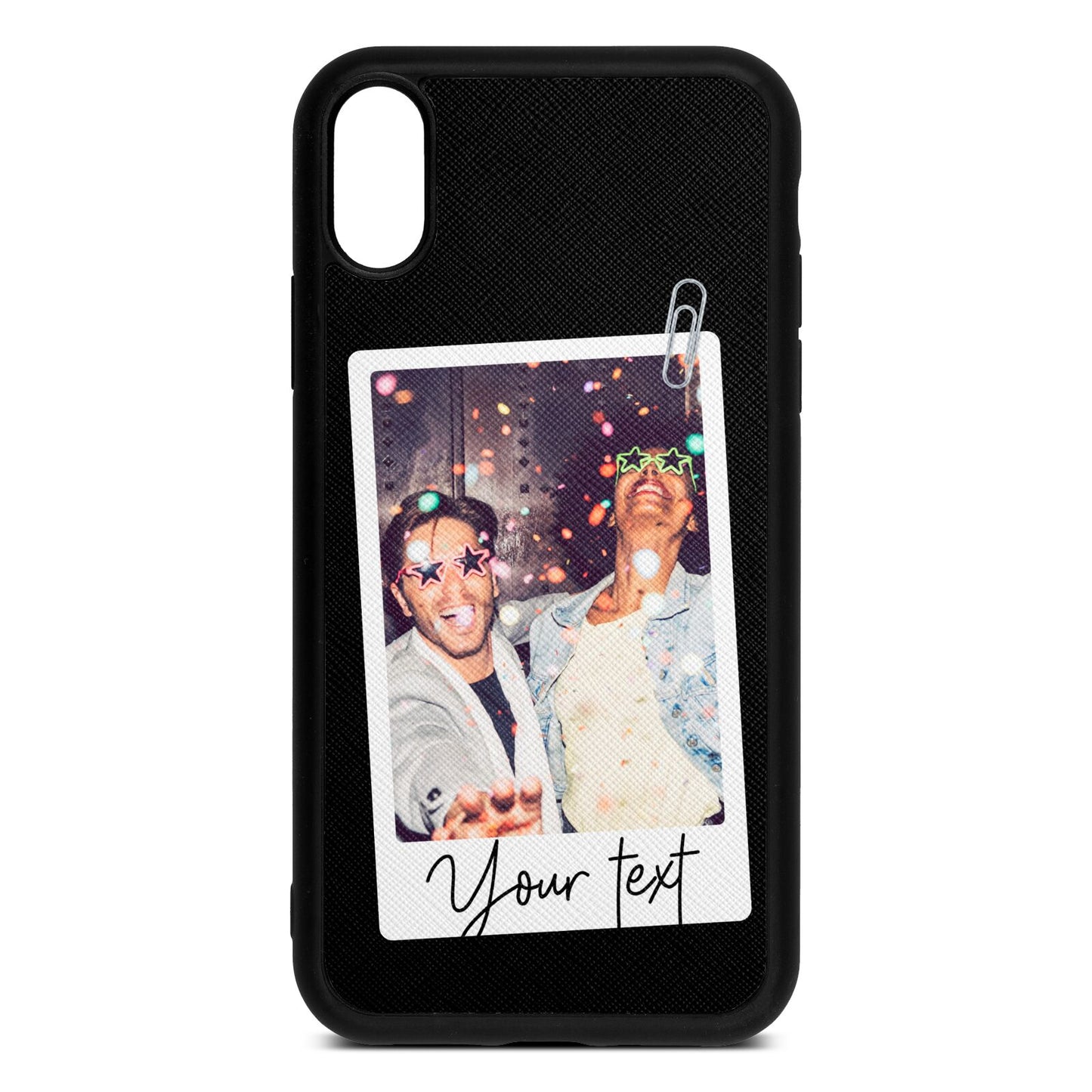 Personalised Photo with Text Black Saffiano Leather iPhone Xr Case