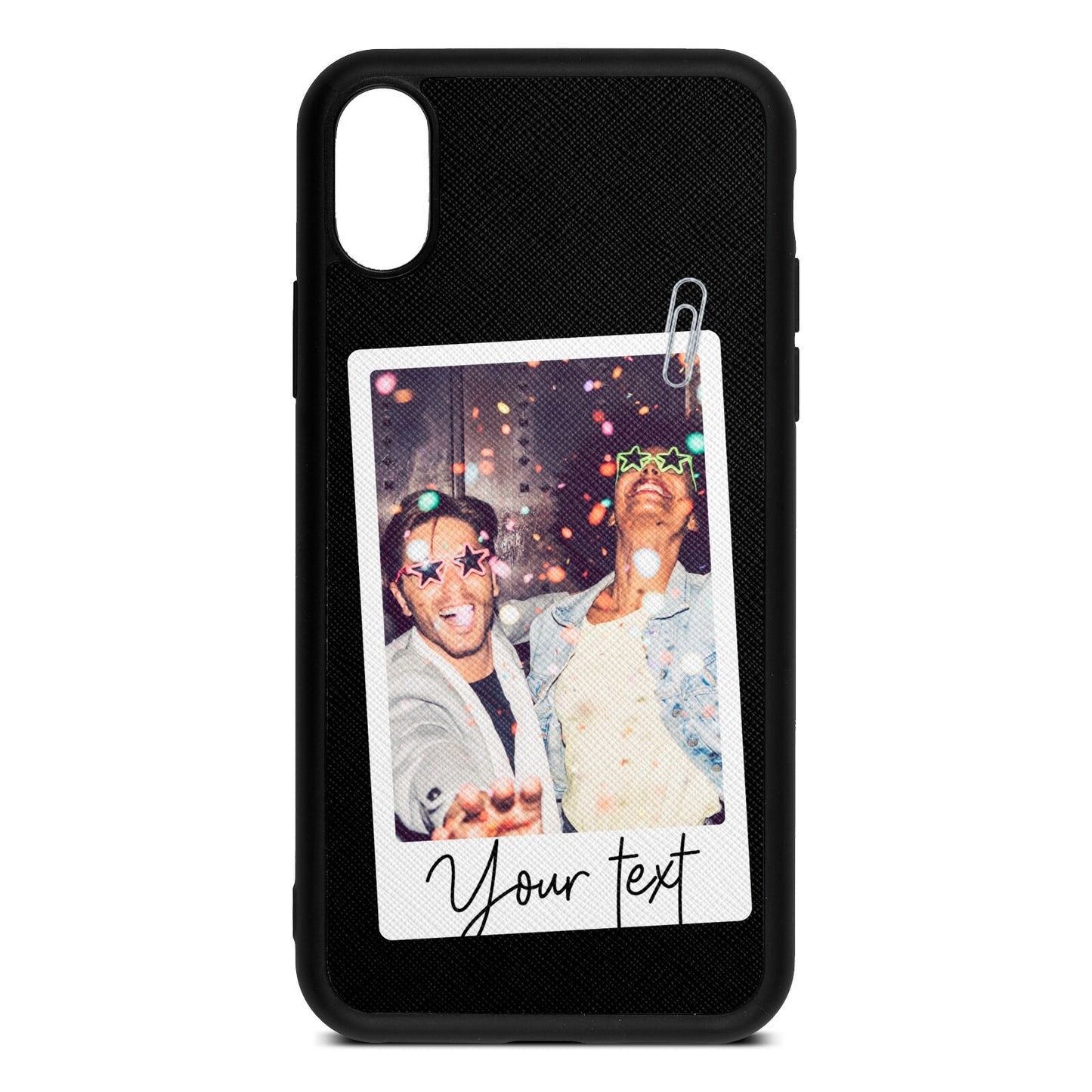 Personalised Photo with Text Black Saffiano Leather iPhone Xs Case