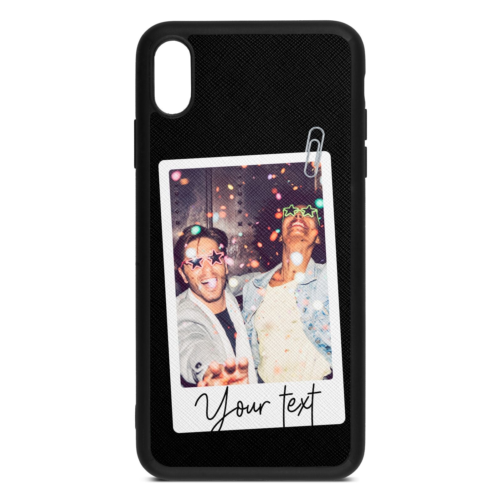 Personalised Photo with Text Black Saffiano Leather iPhone Xs Max Case