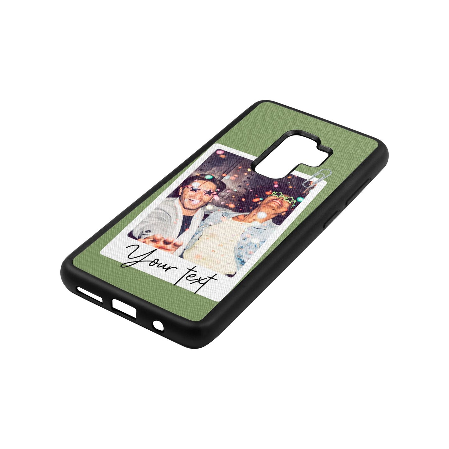 Personalised Photo with Text Lime Saffiano Leather Samsung S9 Plus Case Side Angle
