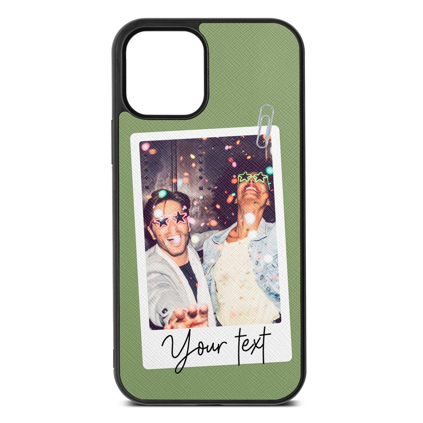 Personalised Photo with Text Lime Saffiano Leather iPhone 12 Case
