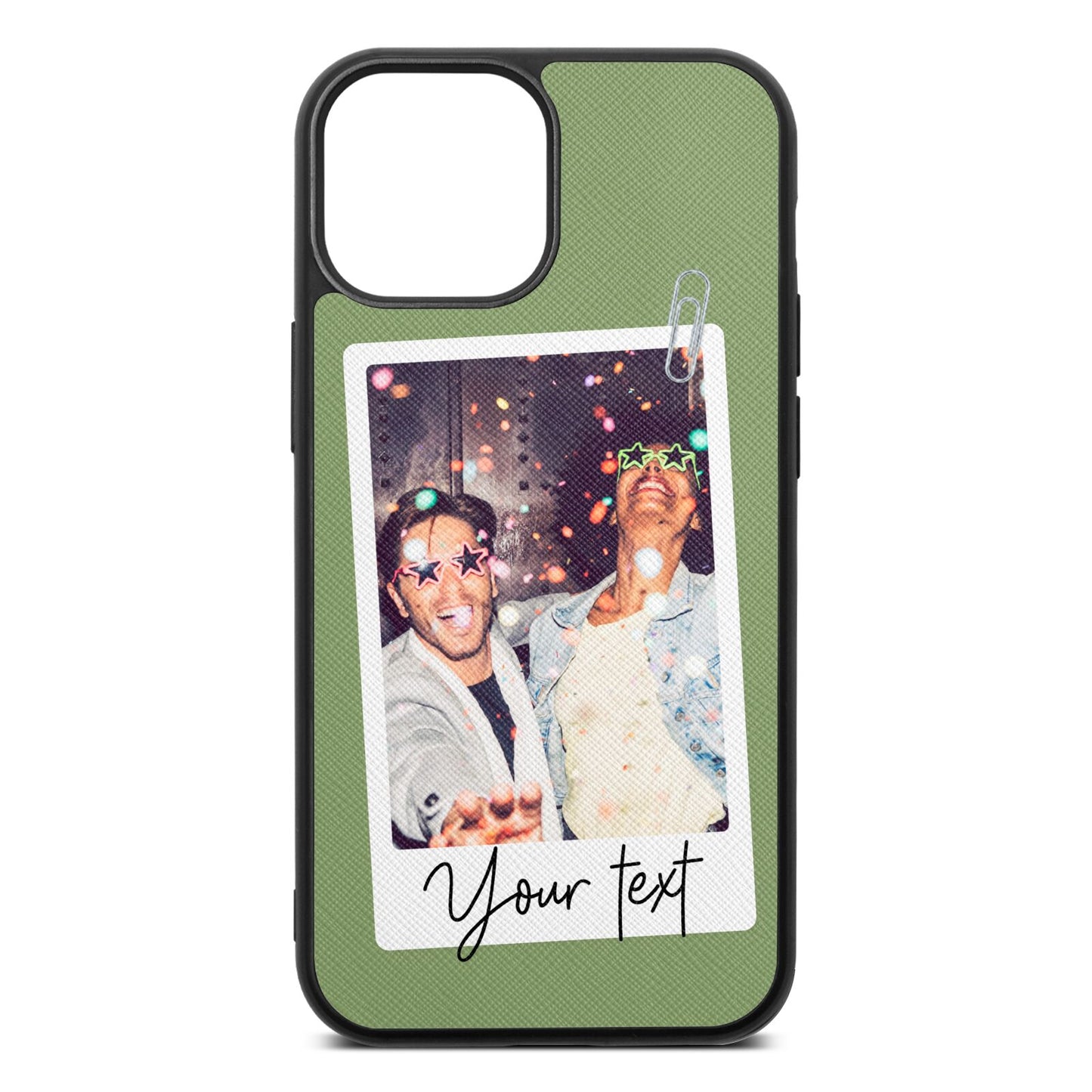 Personalised Photo with Text Lime Saffiano Leather iPhone 13 Mini Case