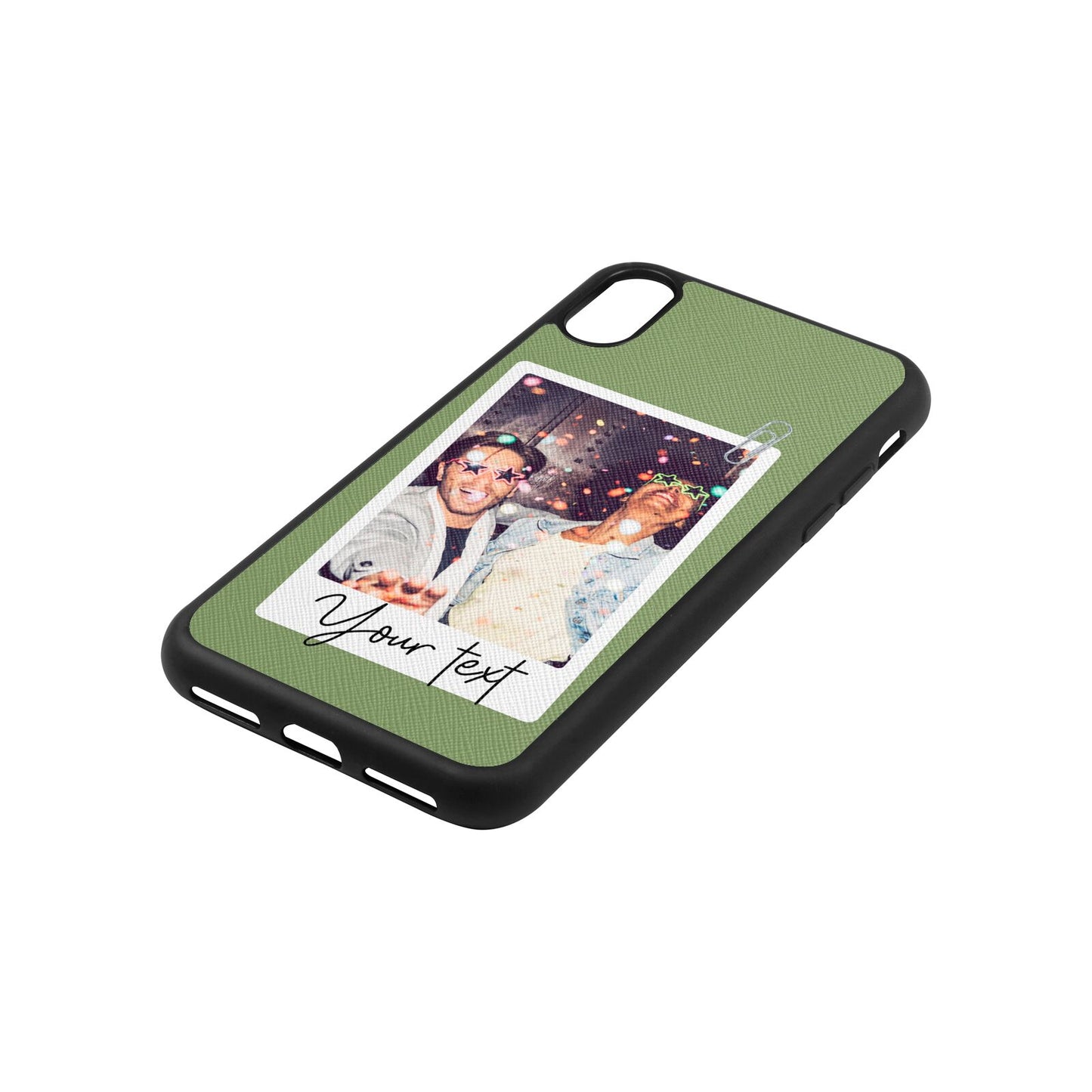 Personalised Photo with Text Lime Saffiano Leather iPhone Xs Case Side Angle