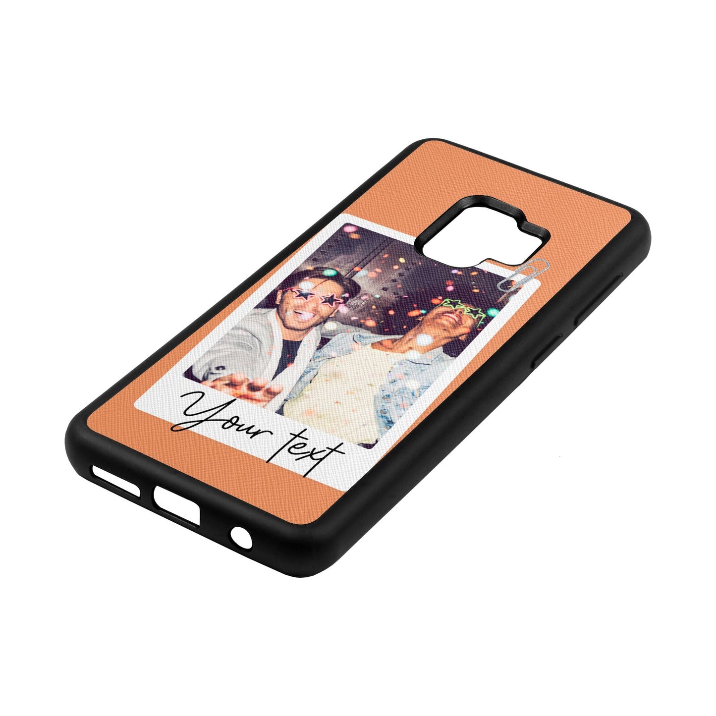 Personalised Photo with Text Orange Saffiano Leather Samsung S9 Case Side Angle