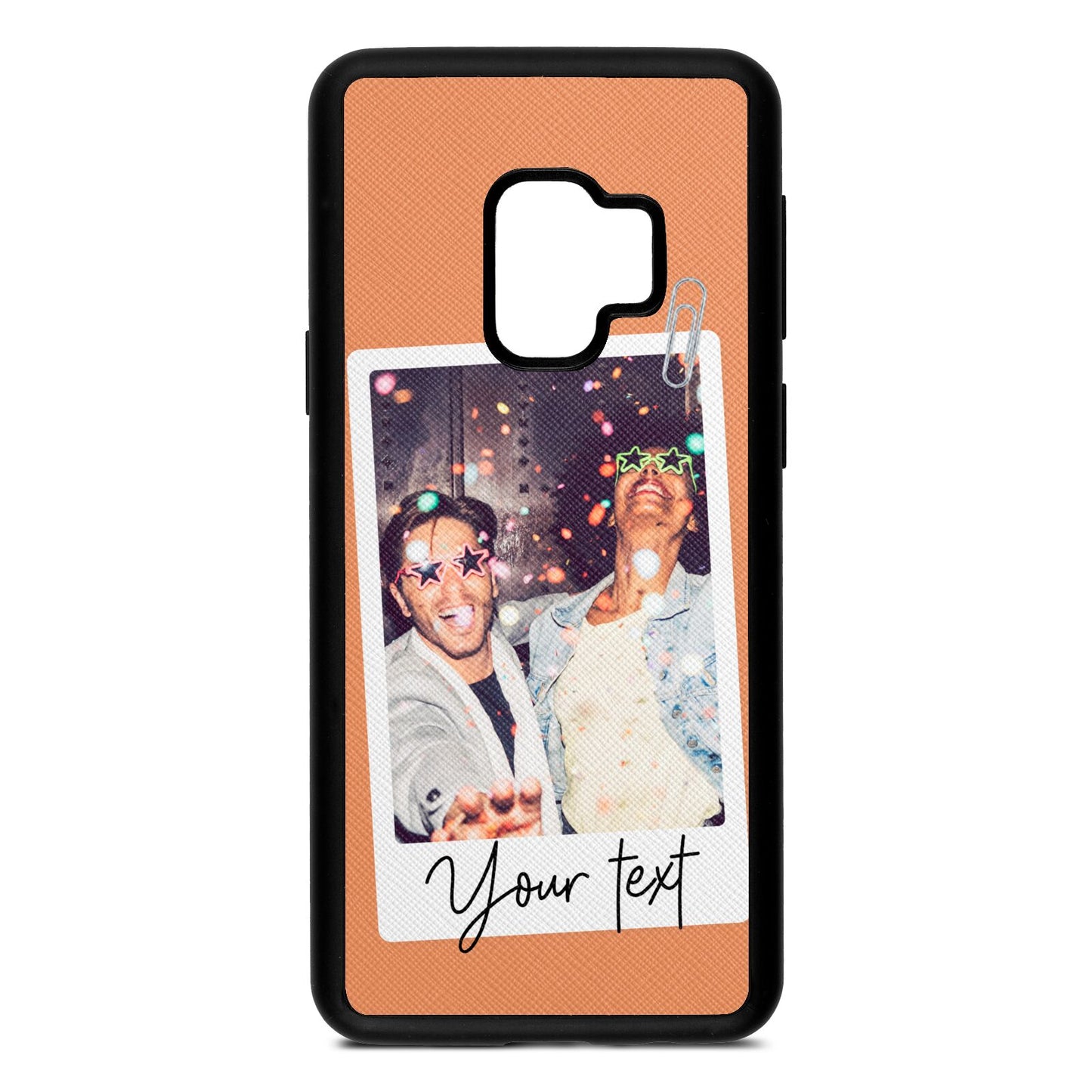 Personalised Photo with Text Orange Saffiano Leather Samsung S9 Case