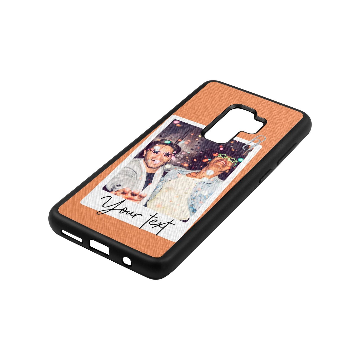 Personalised Photo with Text Orange Saffiano Leather Samsung S9 Plus Case Side Angle