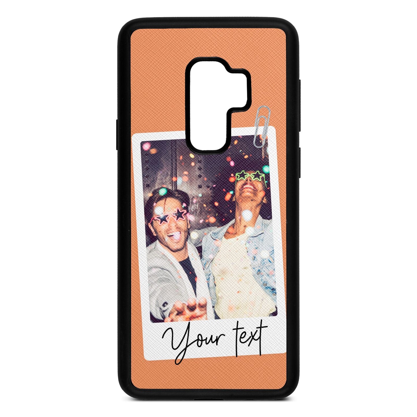 Personalised Photo with Text Orange Saffiano Leather Samsung S9 Plus Case