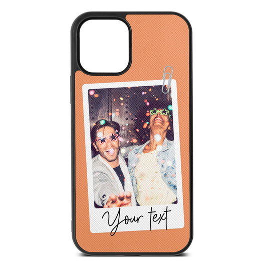 Personalised Photo with Text Orange Saffiano Leather iPhone 12 Case