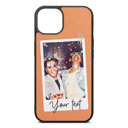 Personalised Photo with Text Orange Saffiano Leather iPhone 13 Case