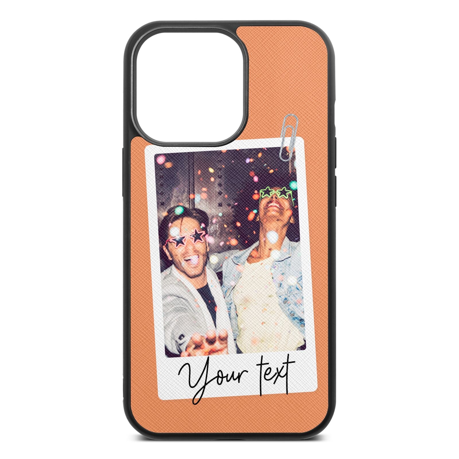 Personalised Photo with Text Orange Saffiano Leather iPhone 13 Pro Case