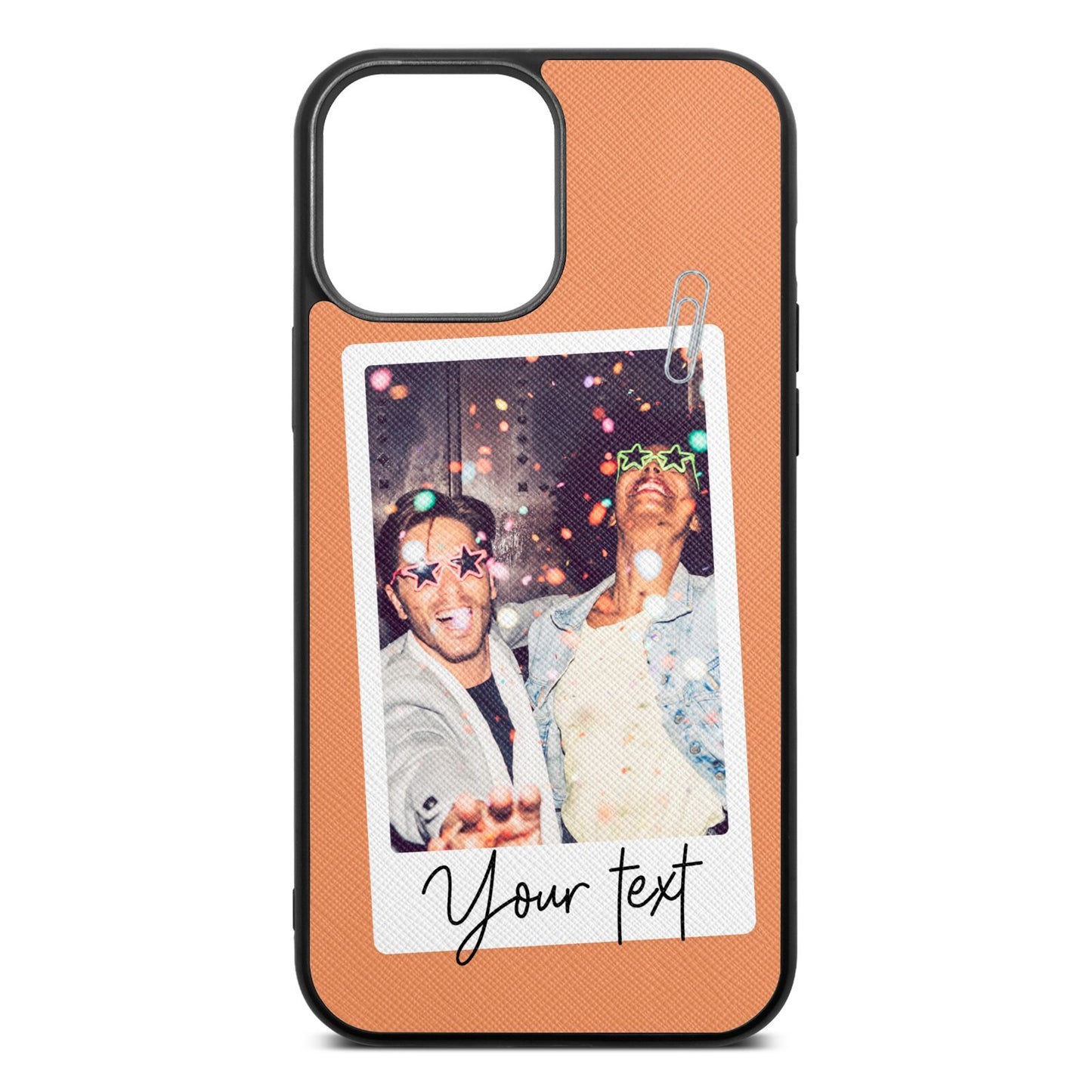 Personalised Photo with Text Orange Saffiano Leather iPhone 13 Pro Max Case