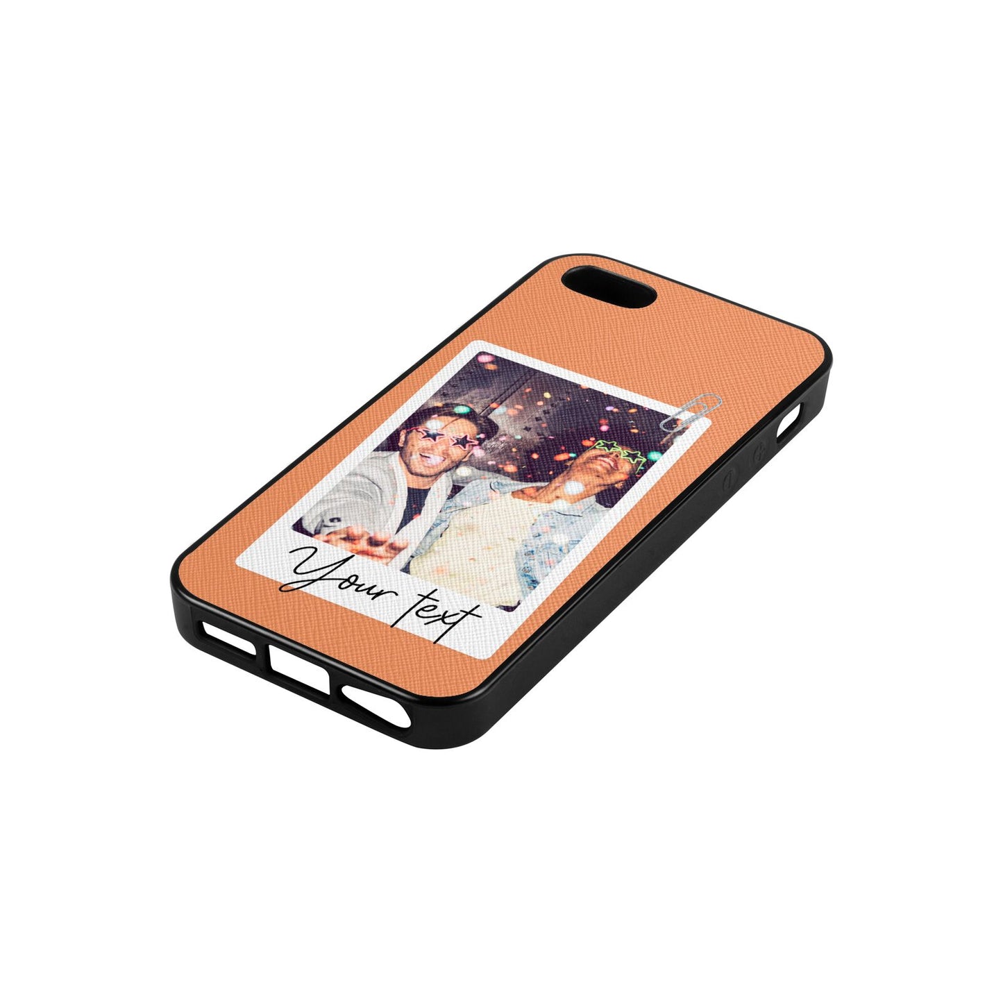 Personalised Photo with Text Orange Saffiano Leather iPhone 5 Case Side Angle