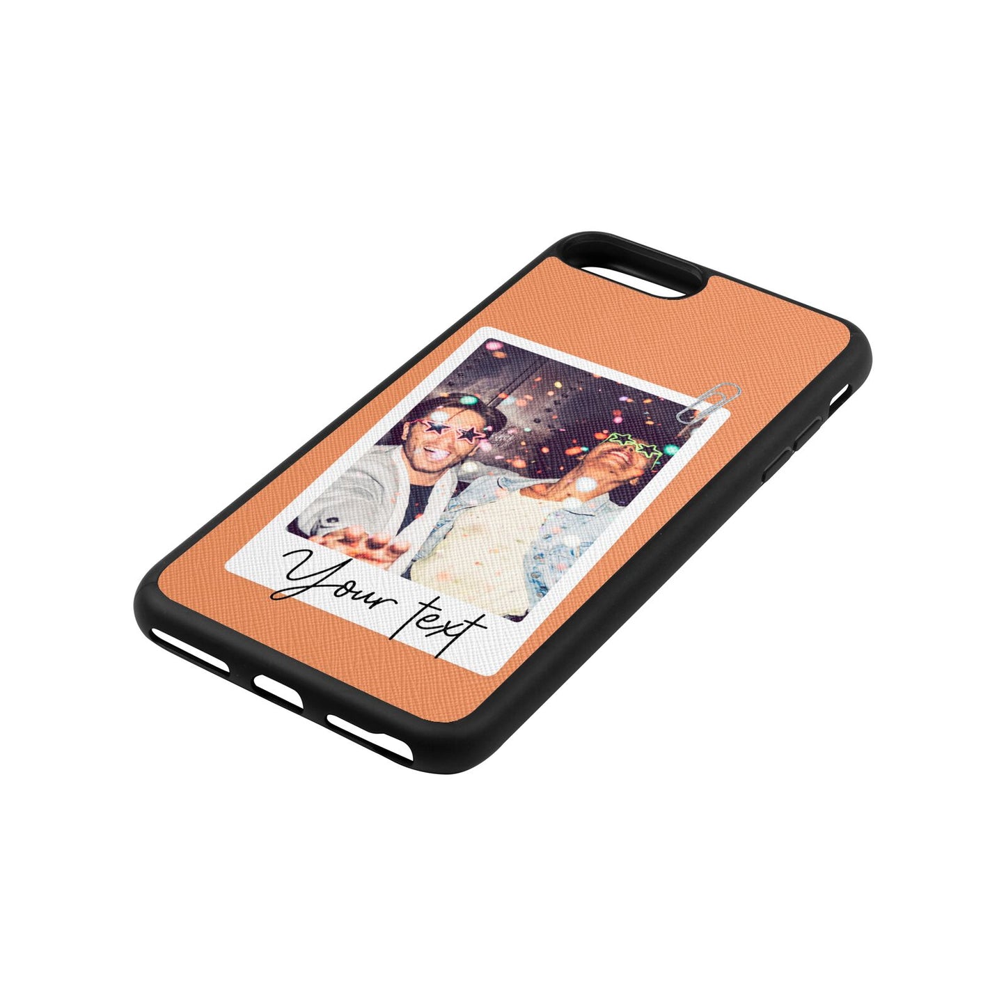 Personalised Photo with Text Orange Saffiano Leather iPhone 8 Plus Case Side Angle