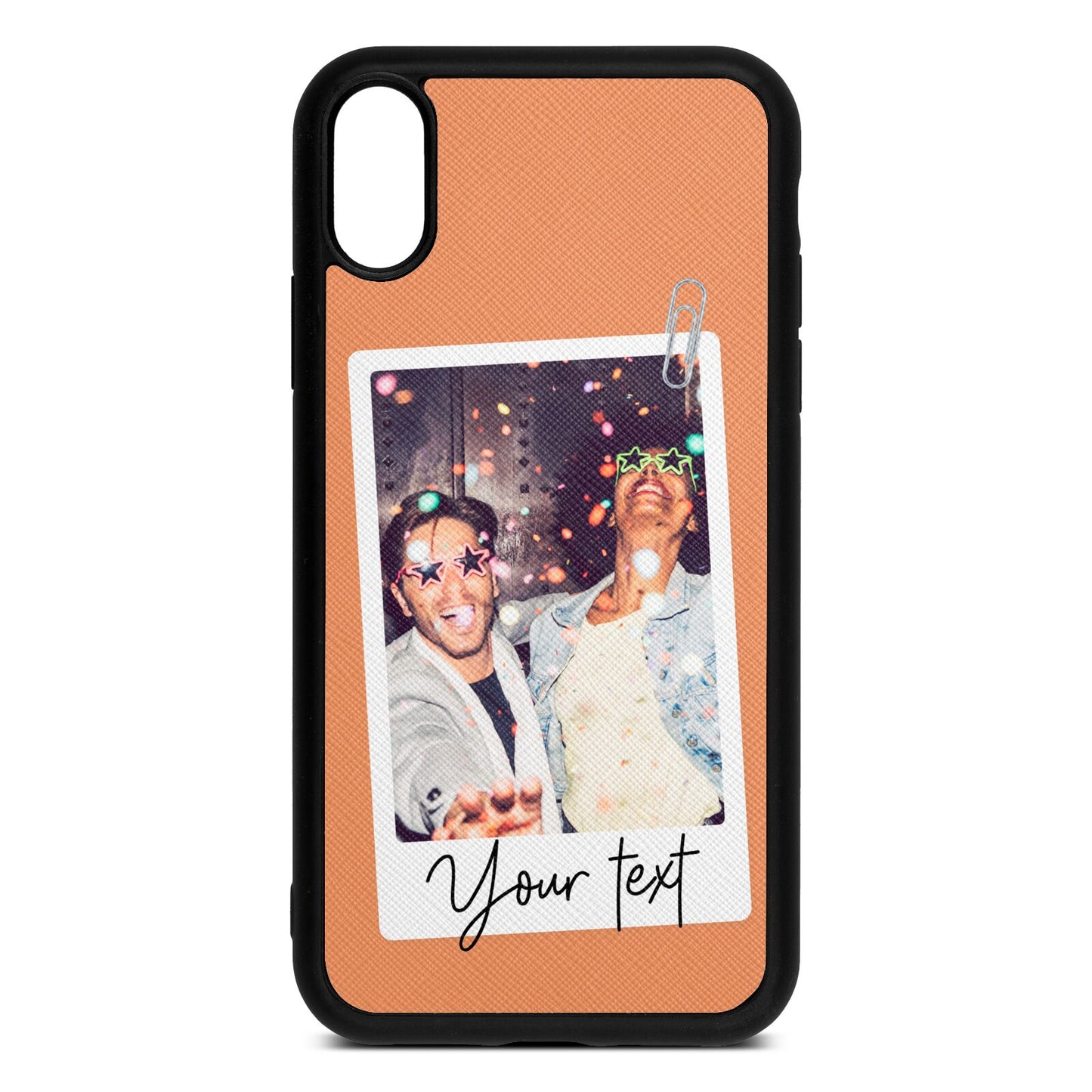 Personalised Photo with Text Orange Saffiano Leather iPhone Xr Case