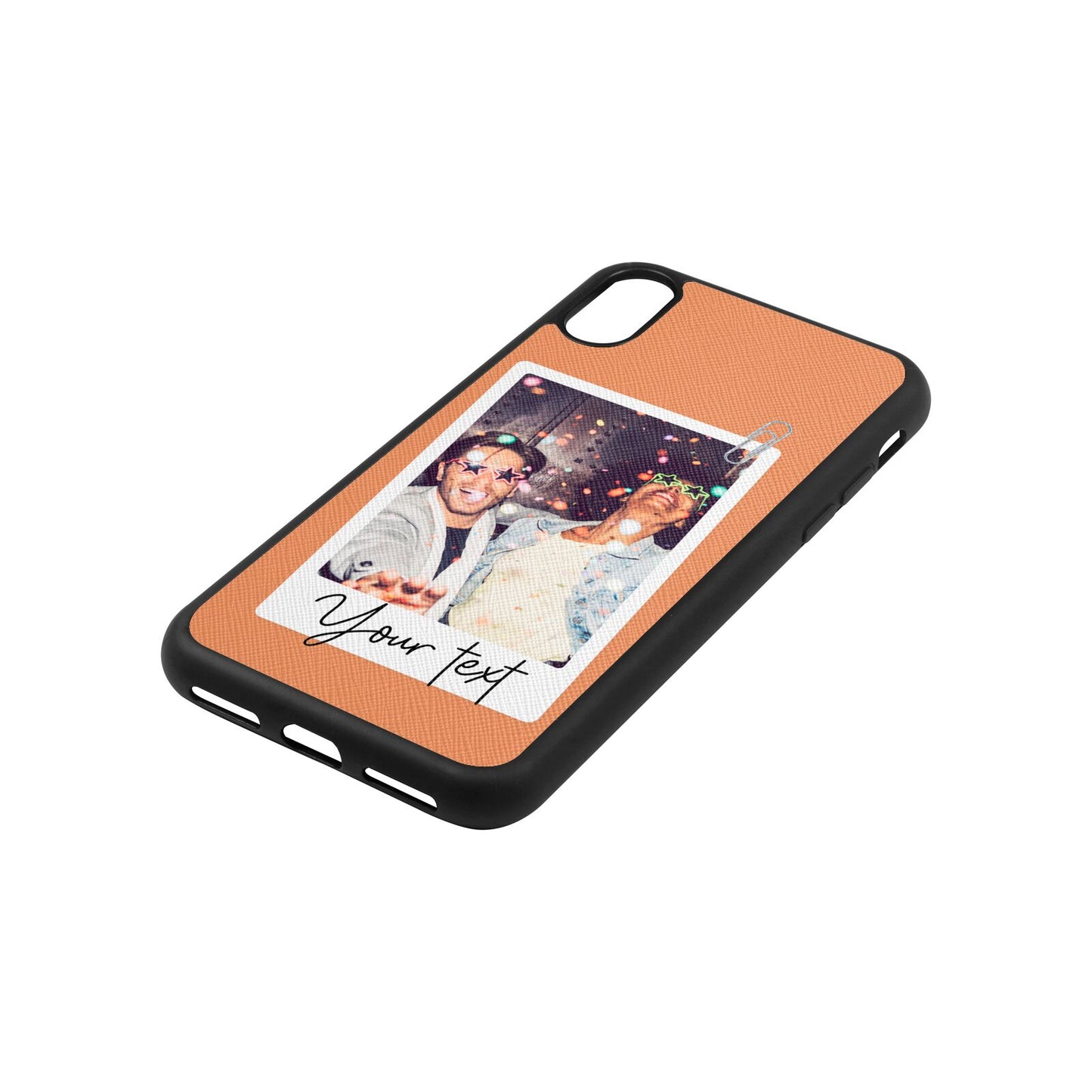 Personalised Photo with Text Orange Saffiano Leather iPhone Xs Case Side Image
