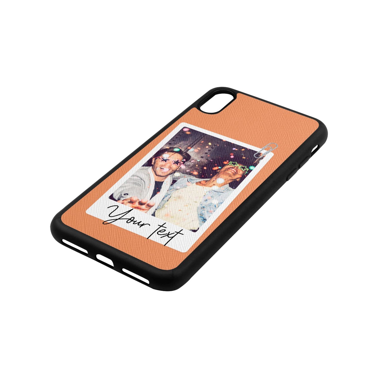 Personalised Photo with Text Orange Saffiano Leather iPhone Xs Max Case Side Image