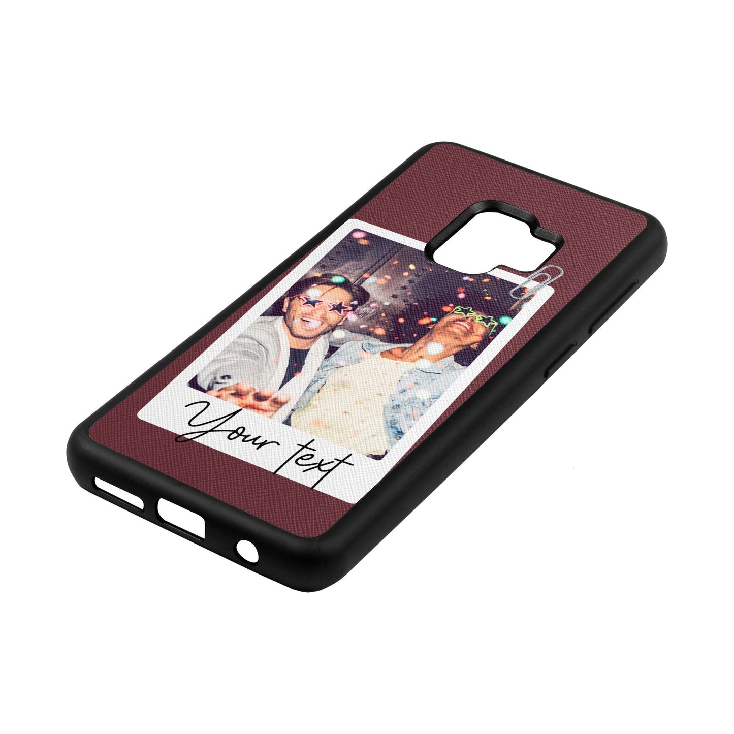 Personalised Photo with Text Rose Brown Saffiano Leather Samsung S9 Case Side Angle