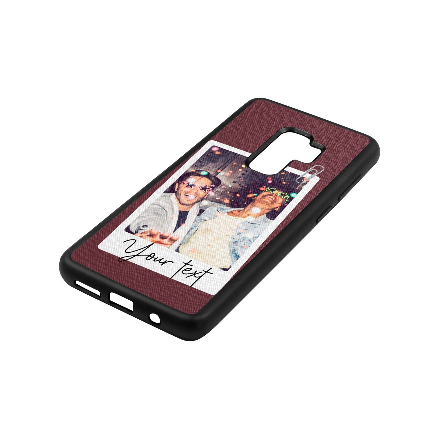 Personalised Photo with Text Rose Brown Saffiano Leather Samsung S9 Plus Case Side Angle