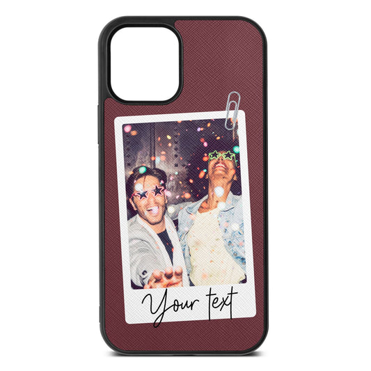 Personalised Photo with Text Rose Brown Saffiano Leather iPhone 12 Case