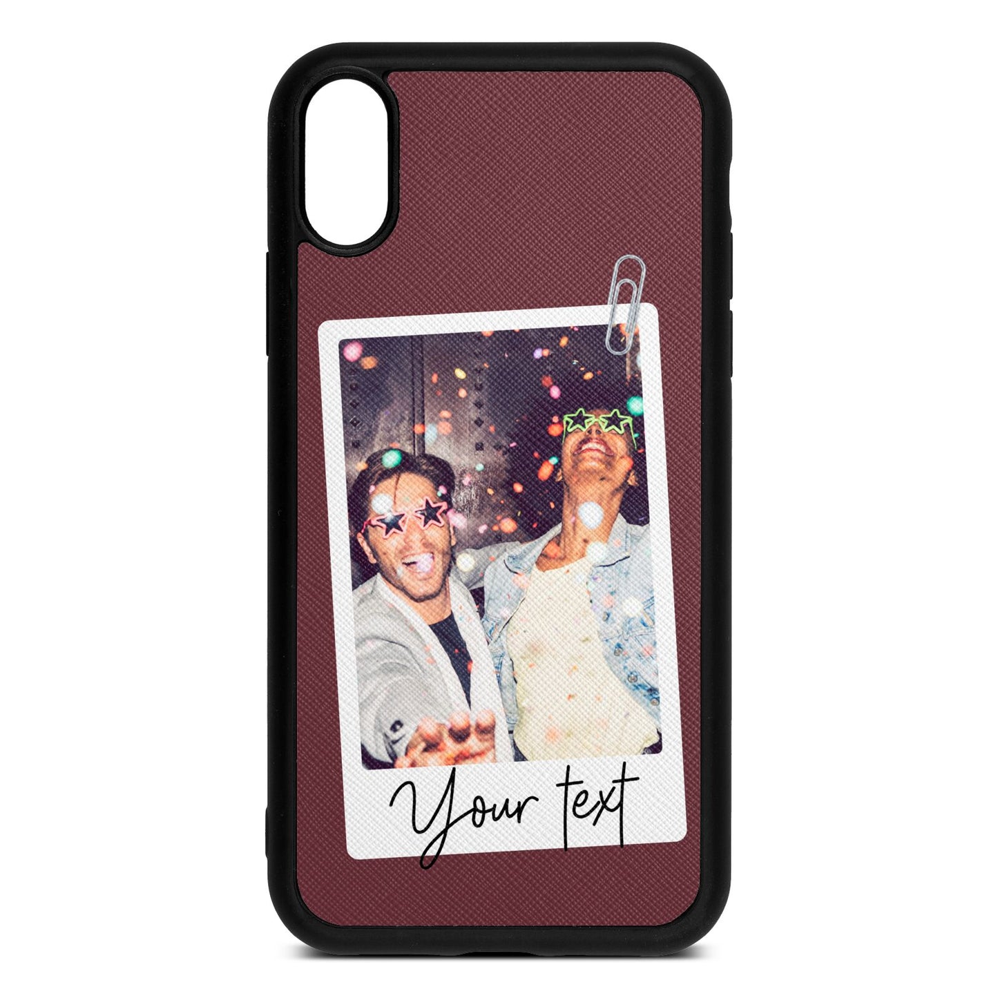 Personalised Photo with Text Rose Brown Saffiano Leather iPhone Xr Case