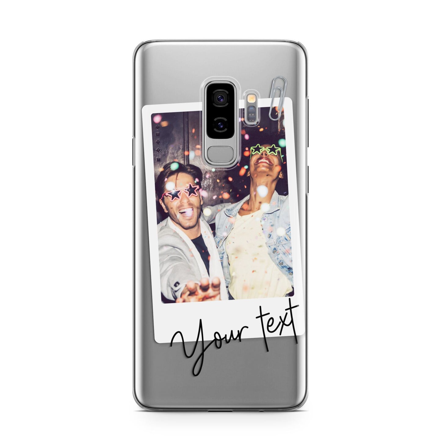 Personalised Photo with Text Samsung Galaxy S9 Plus Case on Silver phone