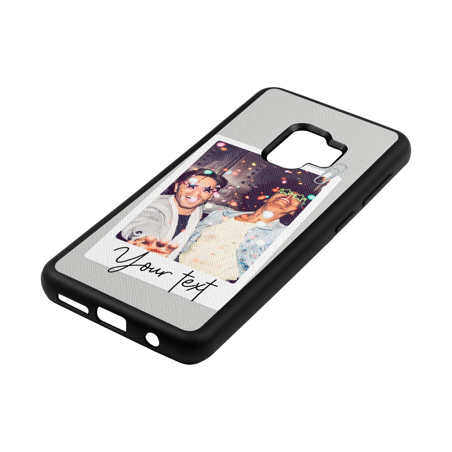 Personalised Photo with Text Silver Saffiano Leather Samsung S9 Case Side Angle