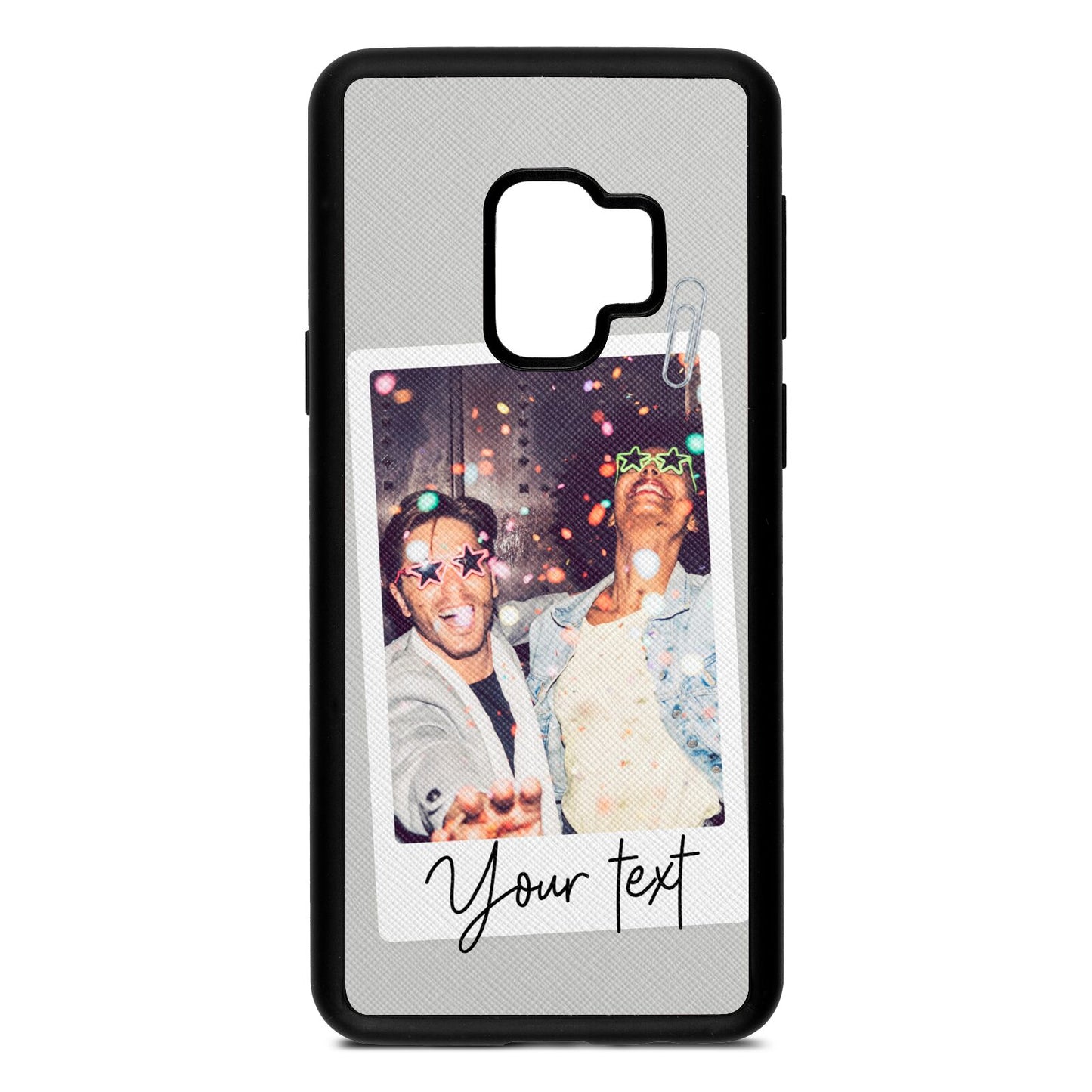 Personalised Photo with Text Silver Saffiano Leather Samsung S9 Case