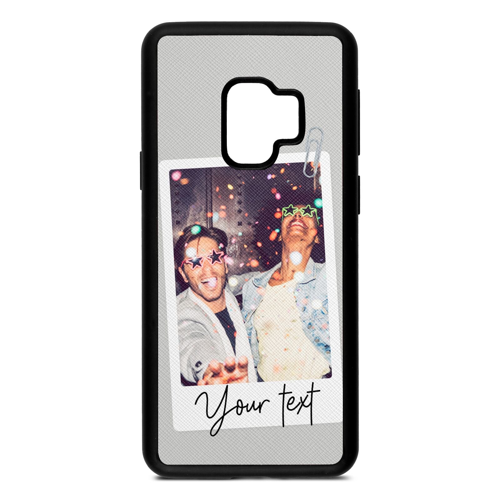 Personalised Photo with Text Silver Saffiano Leather Samsung S9 Case