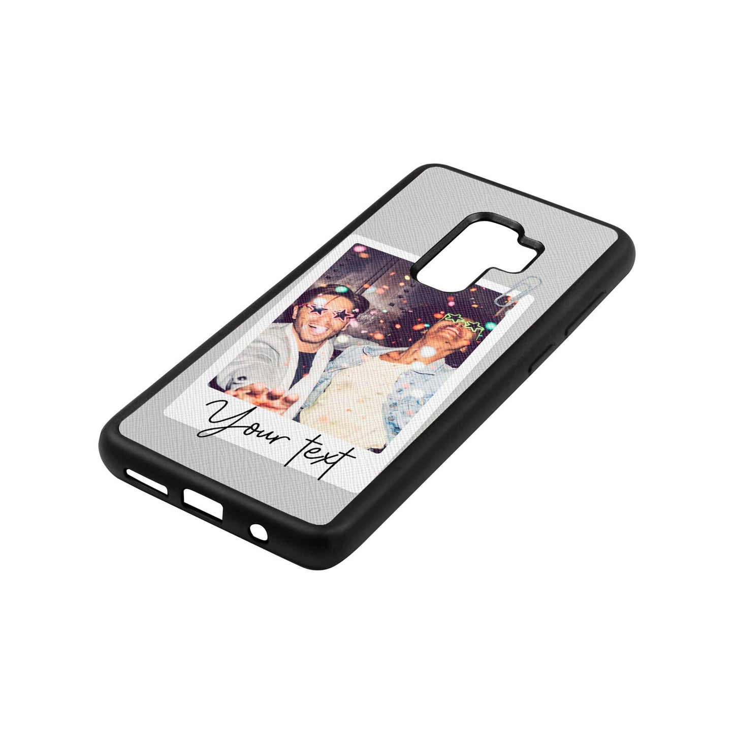 Personalised Photo with Text Silver Saffiano Leather Samsung S9 Plus Case Side Angle