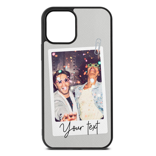 Personalised Photo with Text Silver Saffiano Leather iPhone 12 Case