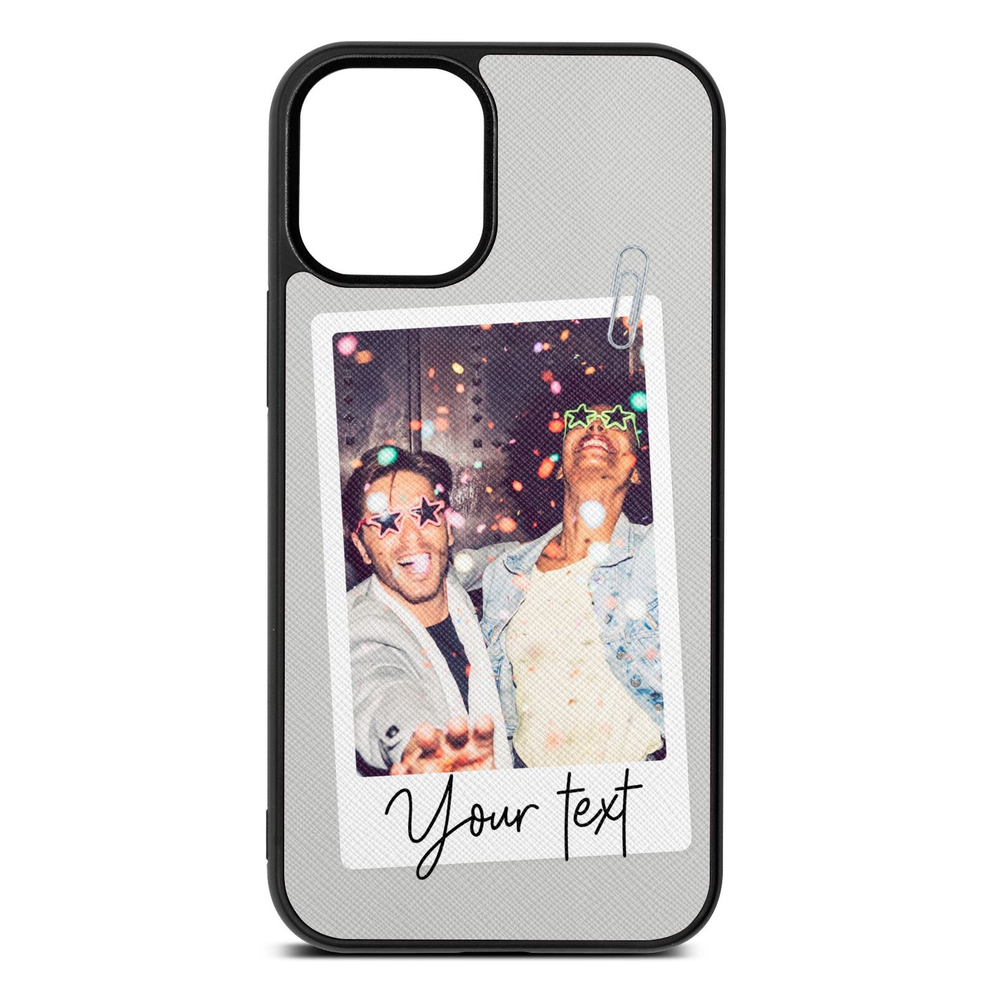 Personalised Photo with Text Silver Saffiano Leather iPhone 12 Mini Case