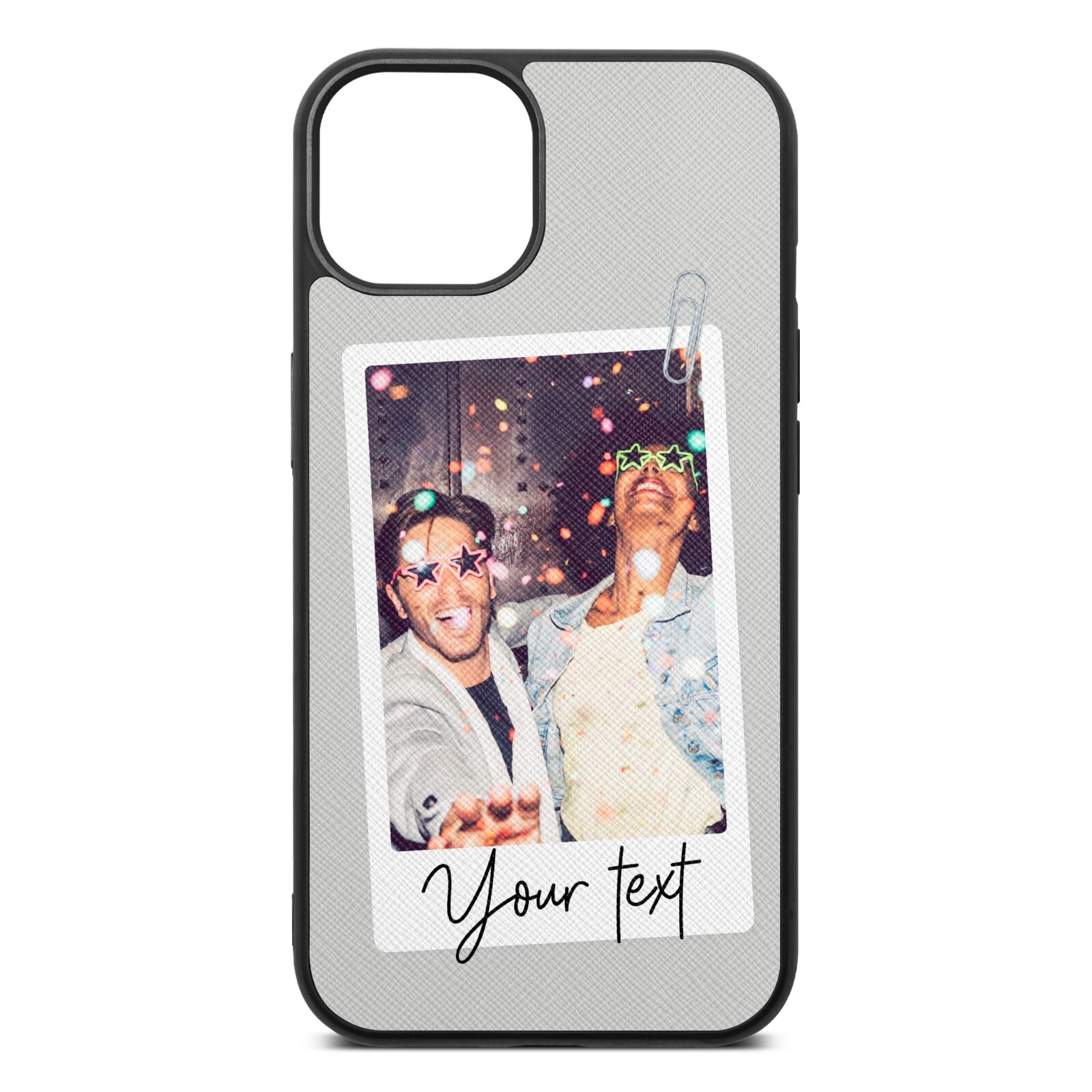 Personalised Photo with Text Silver Saffiano Leather iPhone 13 Case