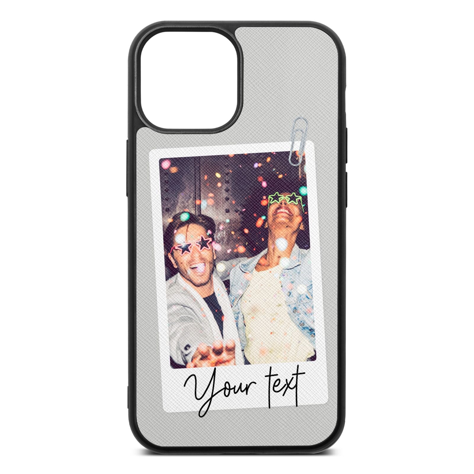 Personalised Photo with Text Silver Saffiano Leather iPhone 13 Mini Case