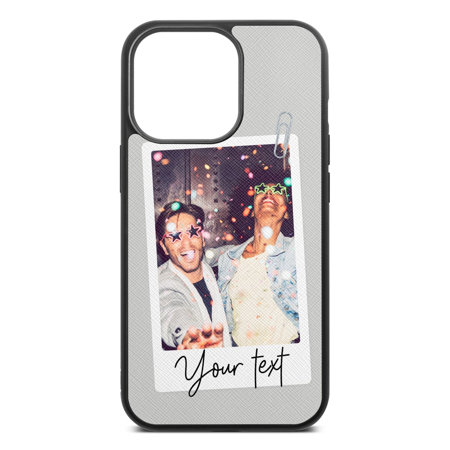 Personalised Photo with Text Silver Saffiano Leather iPhone 13 Pro Case