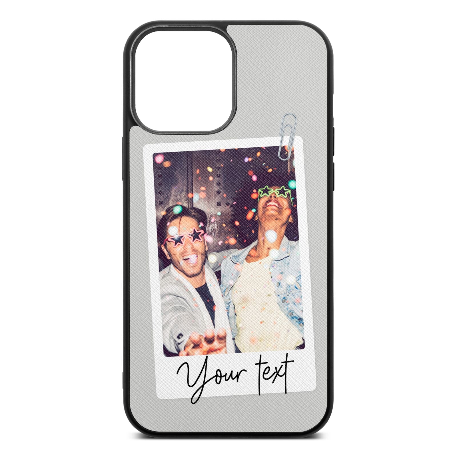 Personalised Photo with Text Silver Saffiano Leather iPhone 13 Pro Max Case