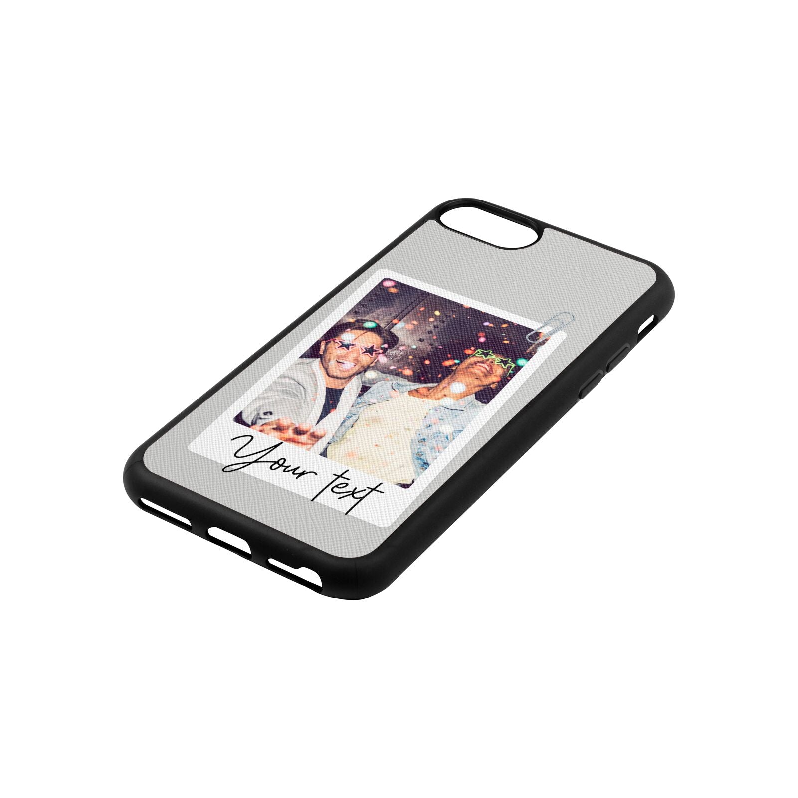 Personalised Photo with Text Silver Saffiano Leather iPhone 8 Case Side Angle
