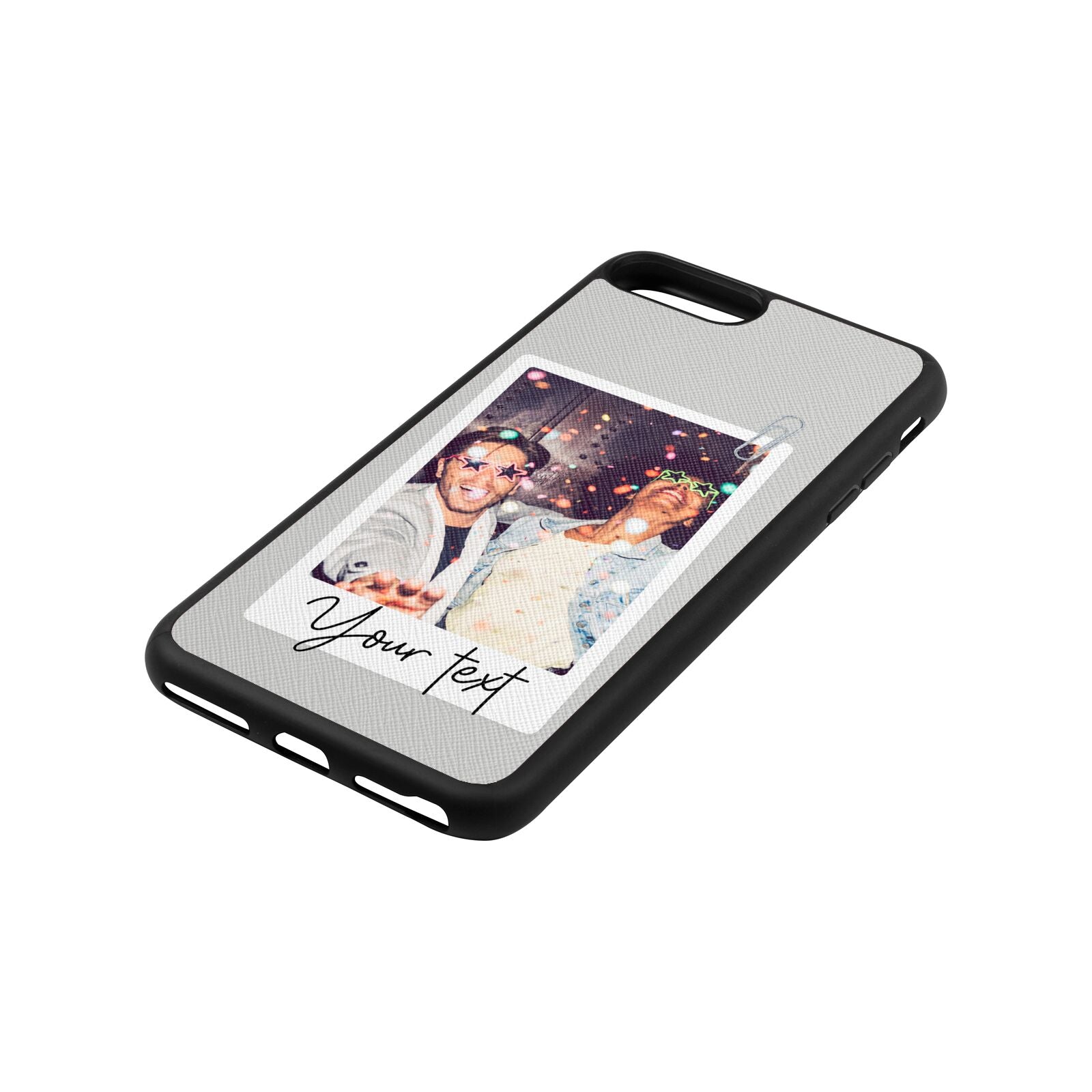 Personalised Photo with Text Silver Saffiano Leather iPhone 8 Plus Case Side Angle