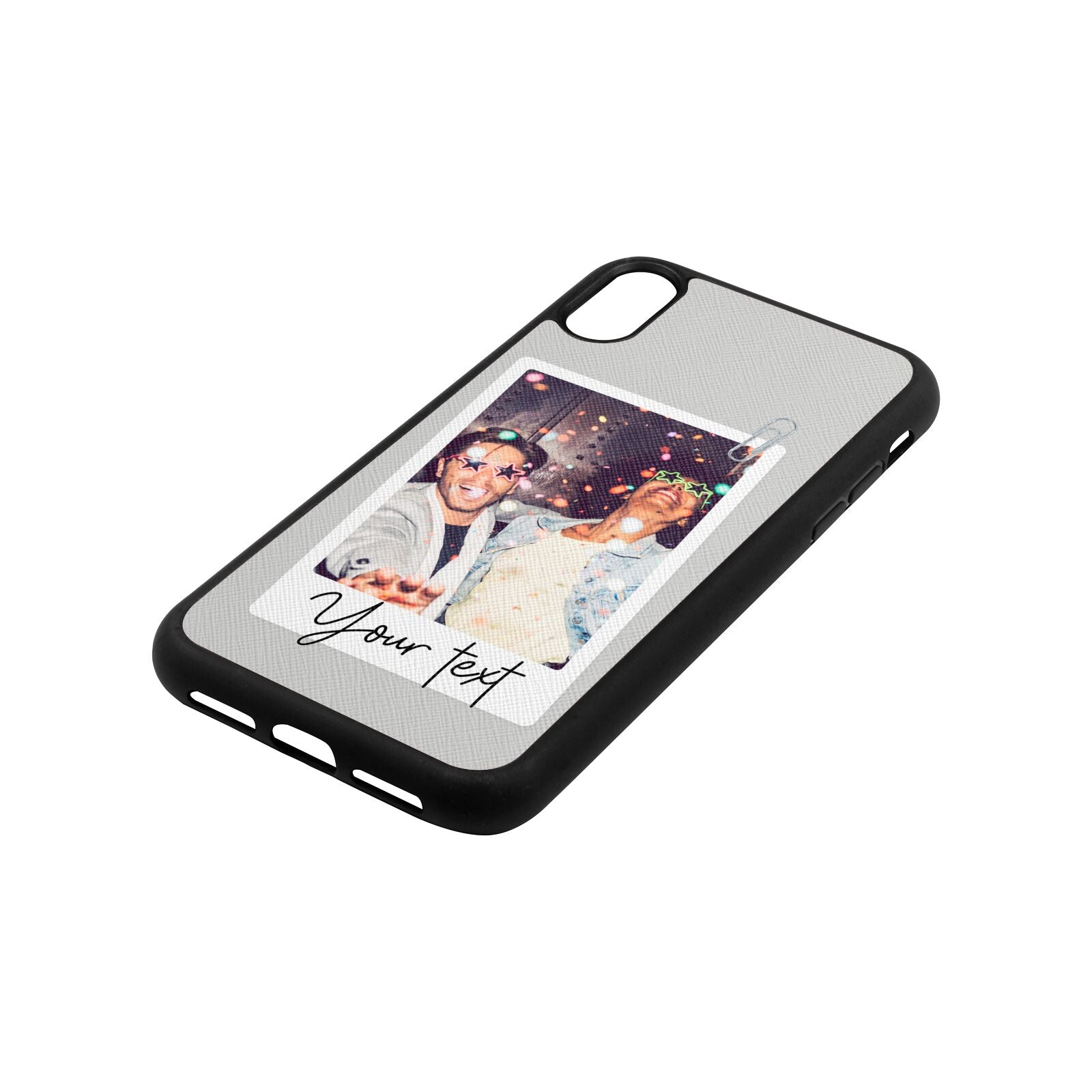 Personalised Photo with Text Silver Saffiano Leather iPhone Xr Case Side Angle