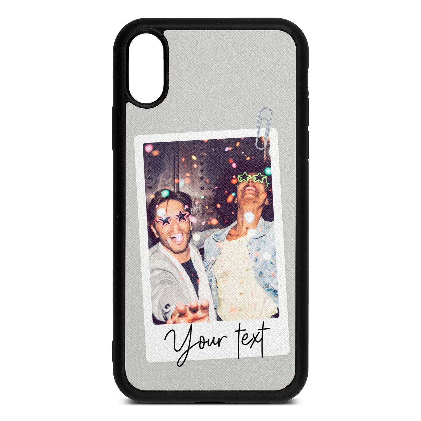 Personalised Photo with Text Silver Saffiano Leather iPhone Xr Case