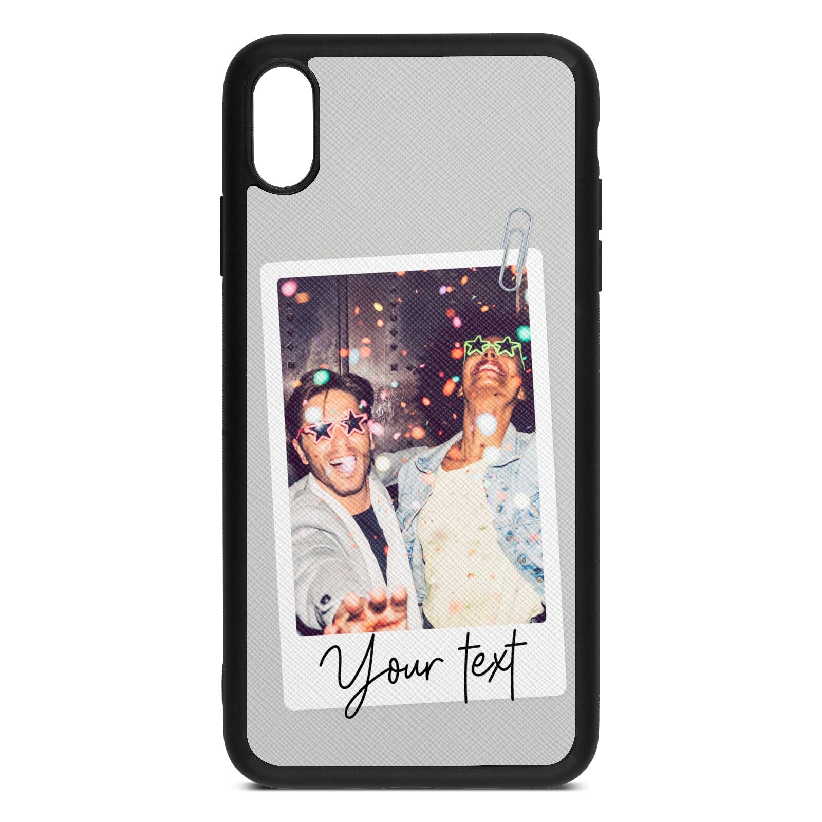 Personalised Photo with Text Silver Saffiano Leather iPhone Xs Max Case