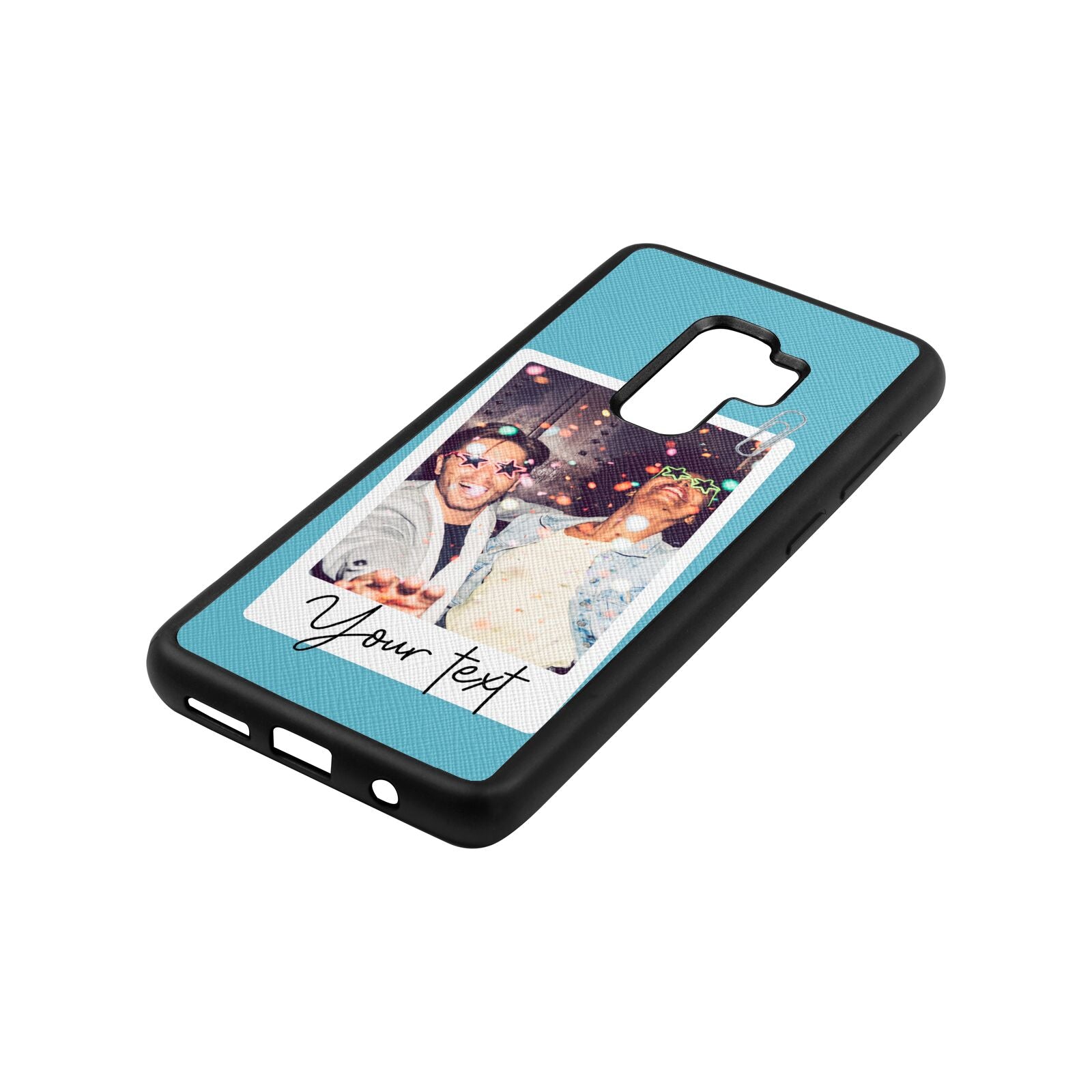 Personalised Photo with Text Sky Saffiano Leather Samsung S9 Plus Case Side Angle