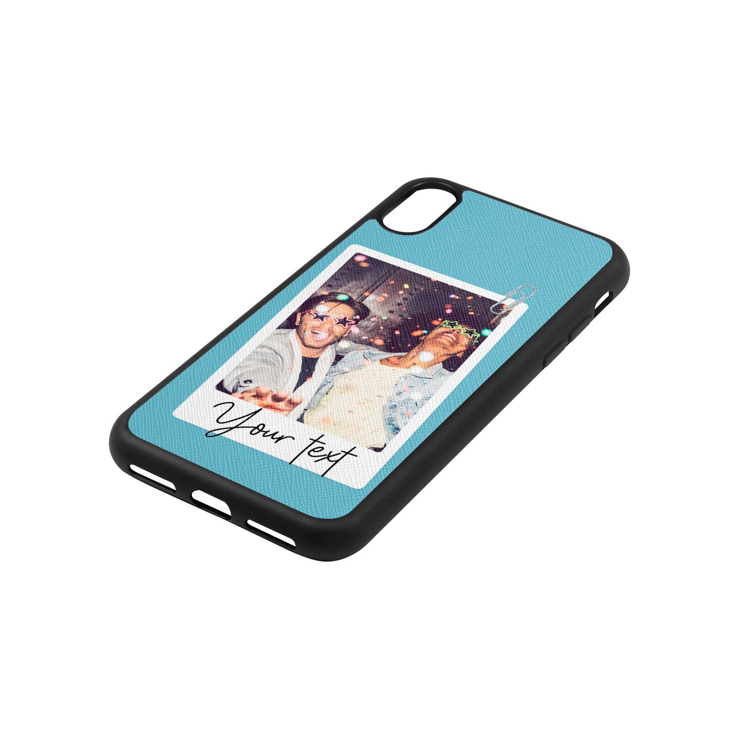 Personalised Photo with Text Sky Saffiano Leather iPhone Xs Case Side Angle