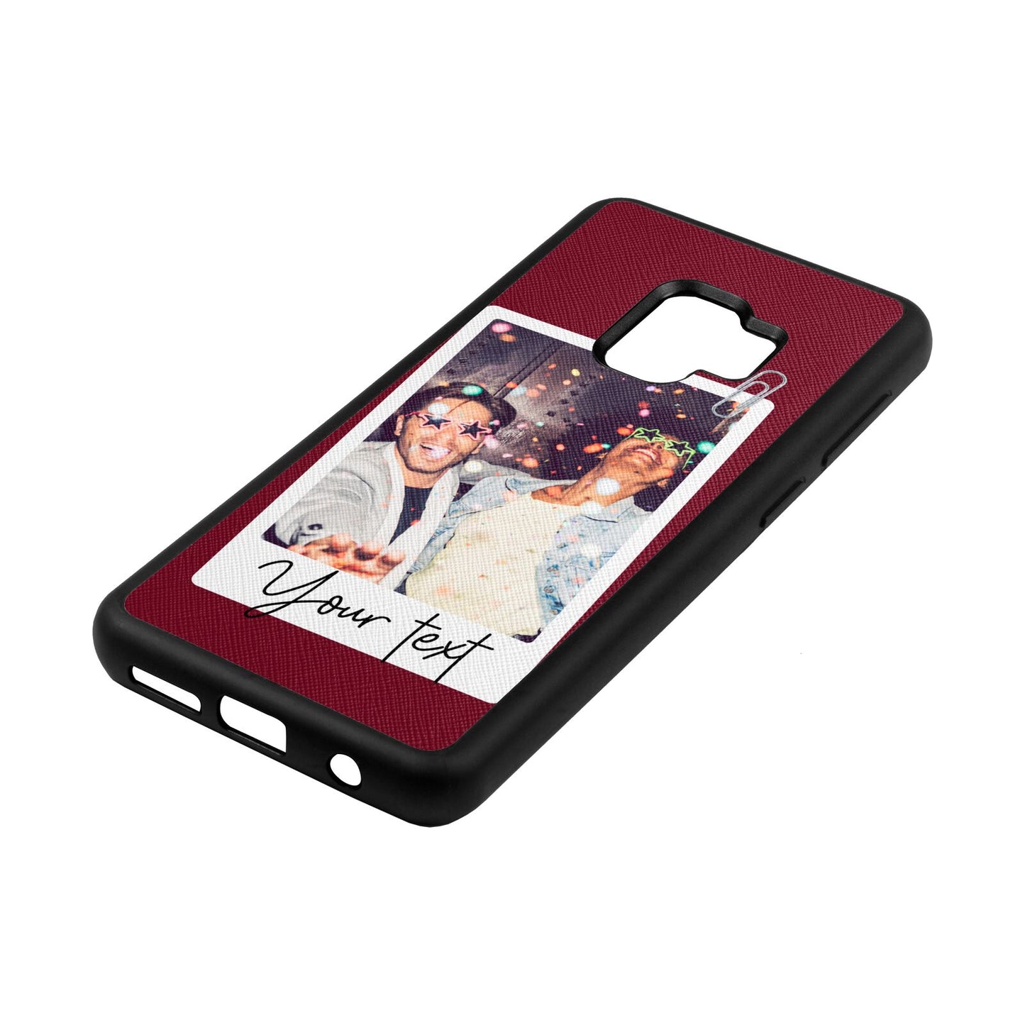 Personalised Photo with Text Wine Red Saffiano Leather Samsung S9 Case Side Angle
