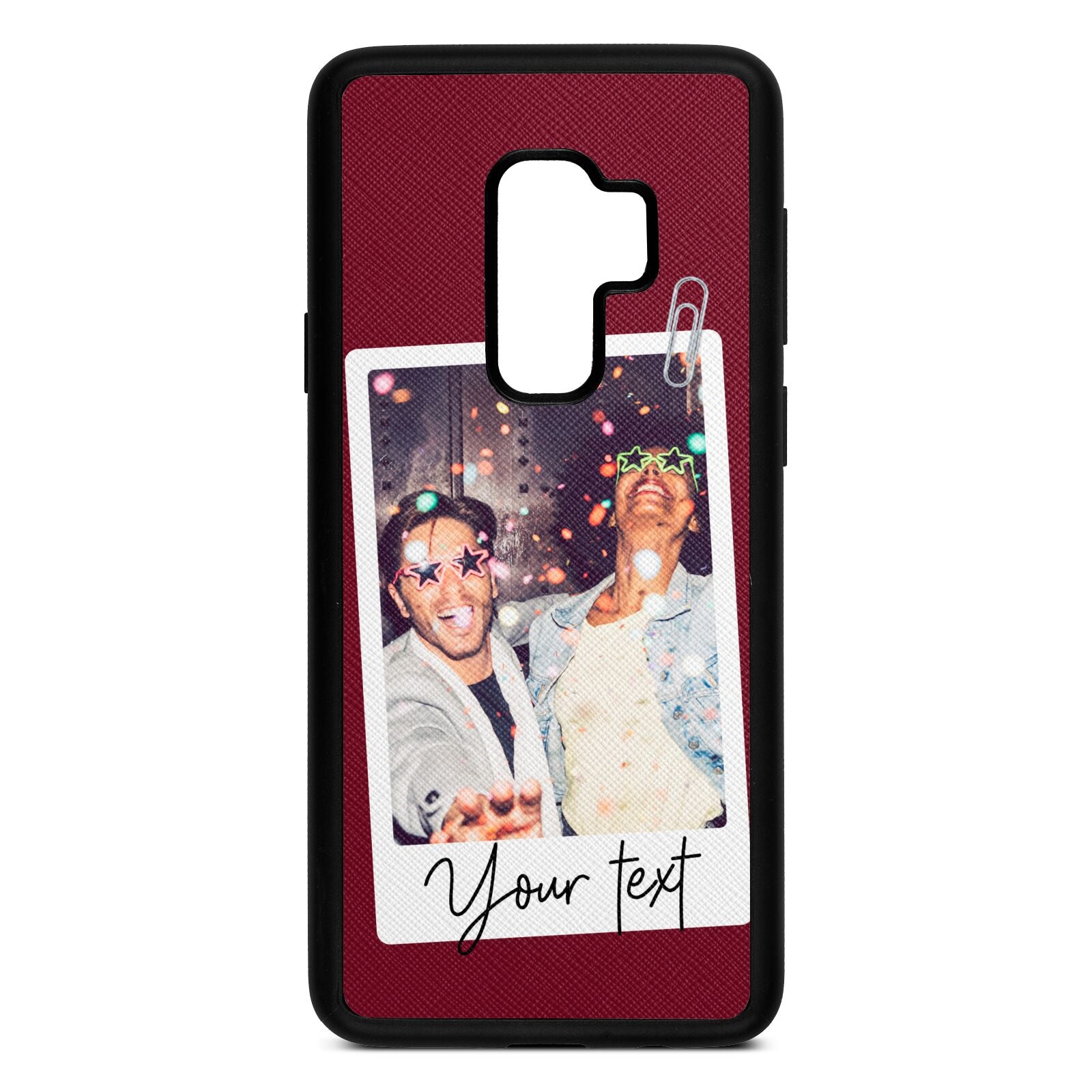 Personalised Photo with Text Wine Red Saffiano Leather Samsung S9 Plus Case
