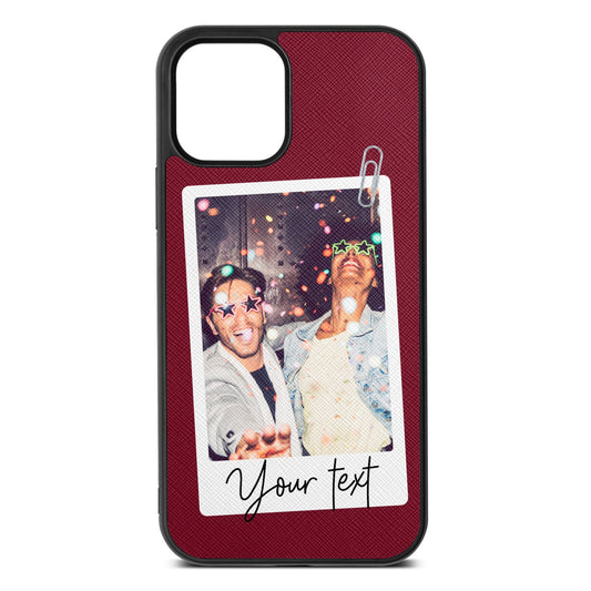 Personalised Photo with Text Wine Red Saffiano Leather iPhone 12 Case