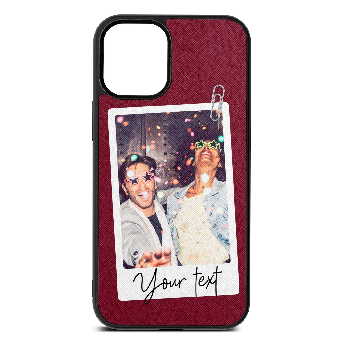 Personalised Photo with Text Wine Red Saffiano Leather iPhone 12 Mini Case