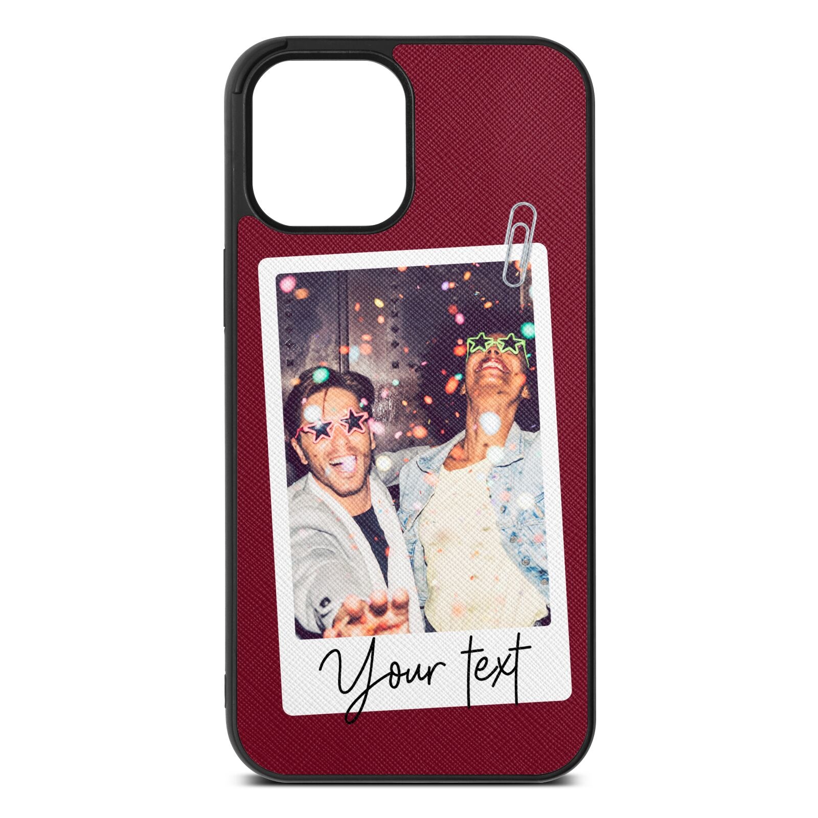 Personalised Photo with Text Wine Red Saffiano Leather iPhone 12 Pro Max Case