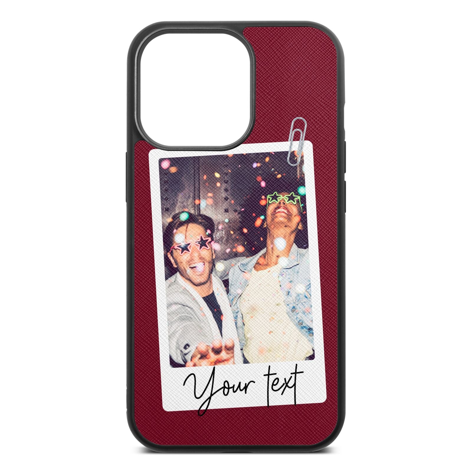 Personalised Photo with Text Wine Red Saffiano Leather iPhone 13 Pro Case