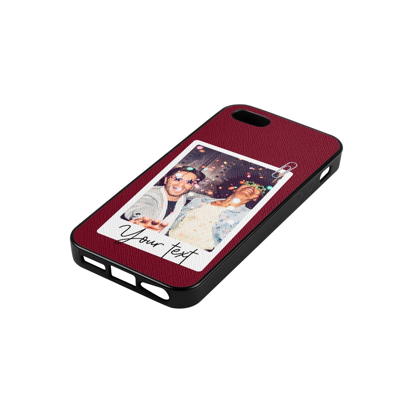 Personalised Photo with Text Wine Red Saffiano Leather iPhone 5 Case Side Angle