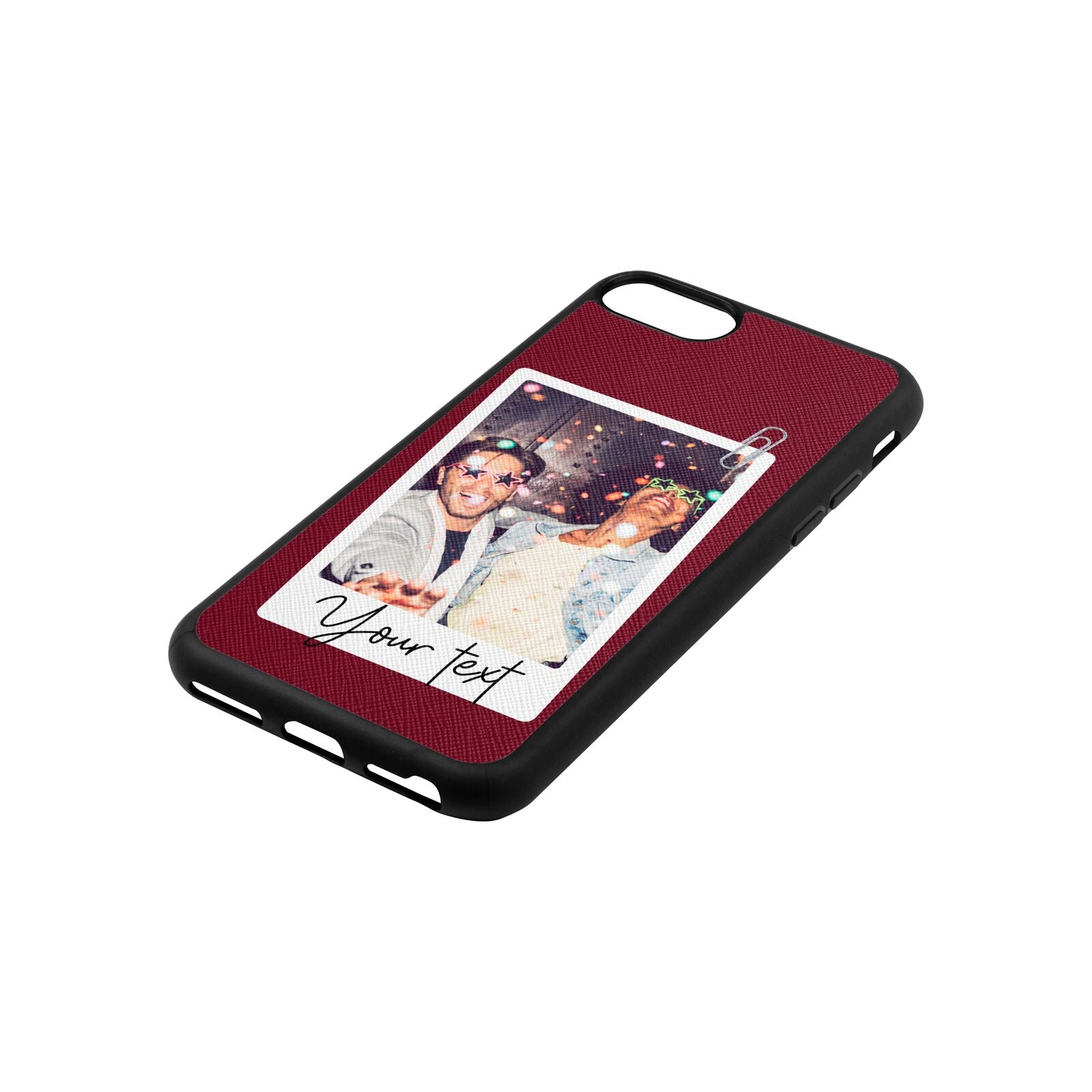 Personalised Photo with Text Wine Red Saffiano Leather iPhone 8 Case Side Angle